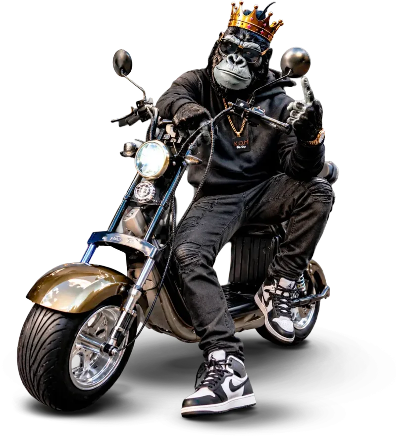 O gorila coroado da KOM, de óculos escuros e moletom, pilotando uma scooter elétrica